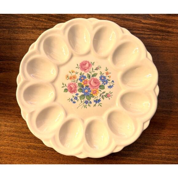 Vintage E & R American Artware Devil Egg Dish White with Flowers Roses 9" - Picture 1 of 5